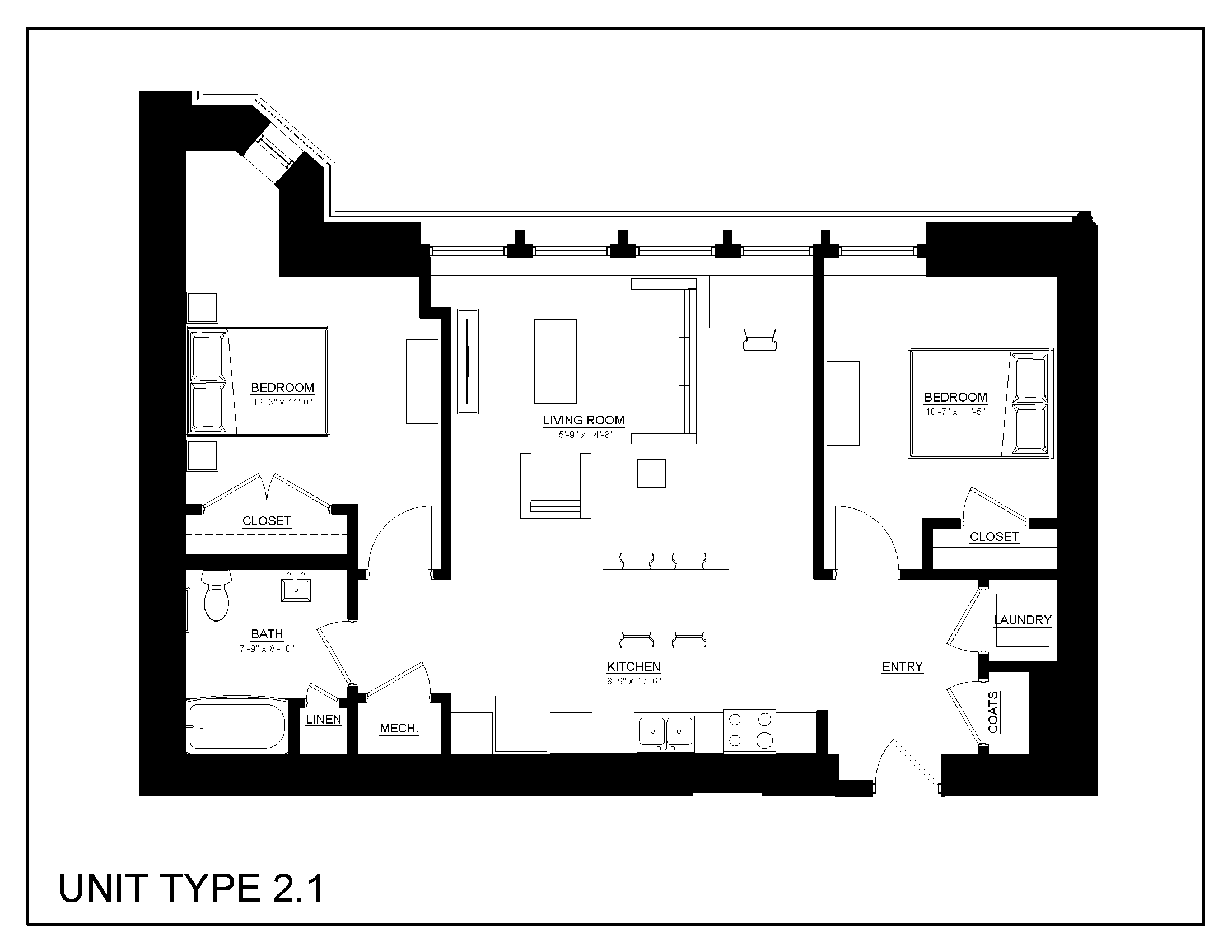 Floor plan for 2 beds, 1 bath, 1017 sqft